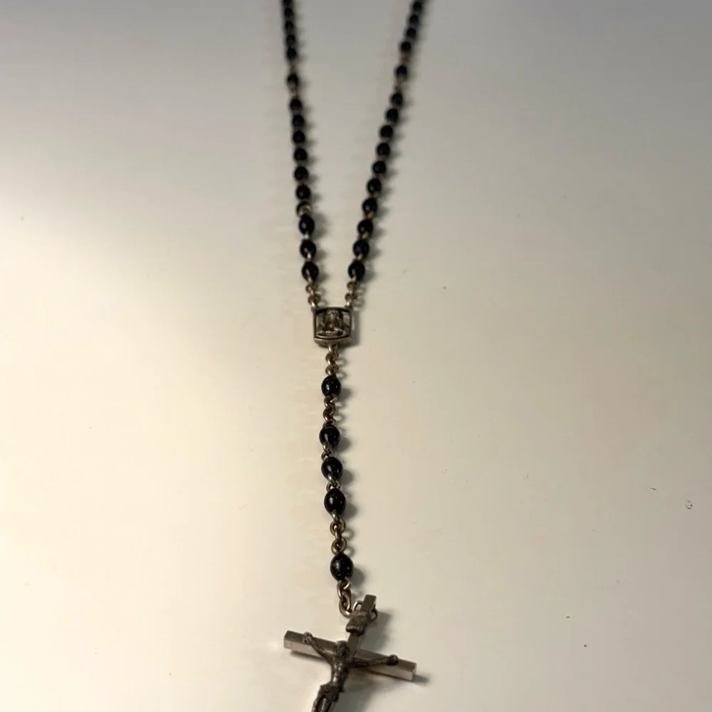 Vintage Catholic Rosary Black Beads Silver Tone Crucifix Sacred Heart